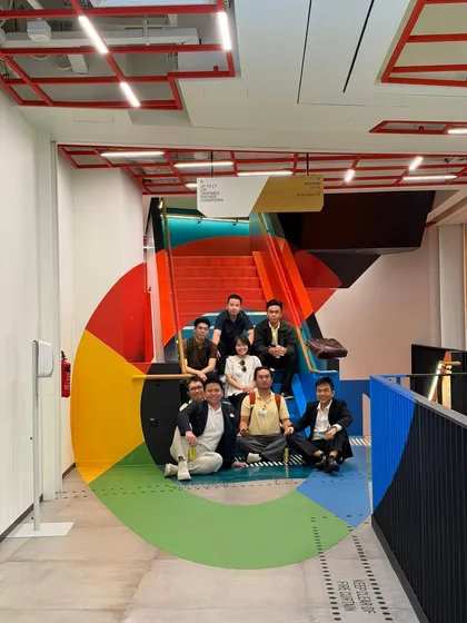The team hanging out in the office lounge