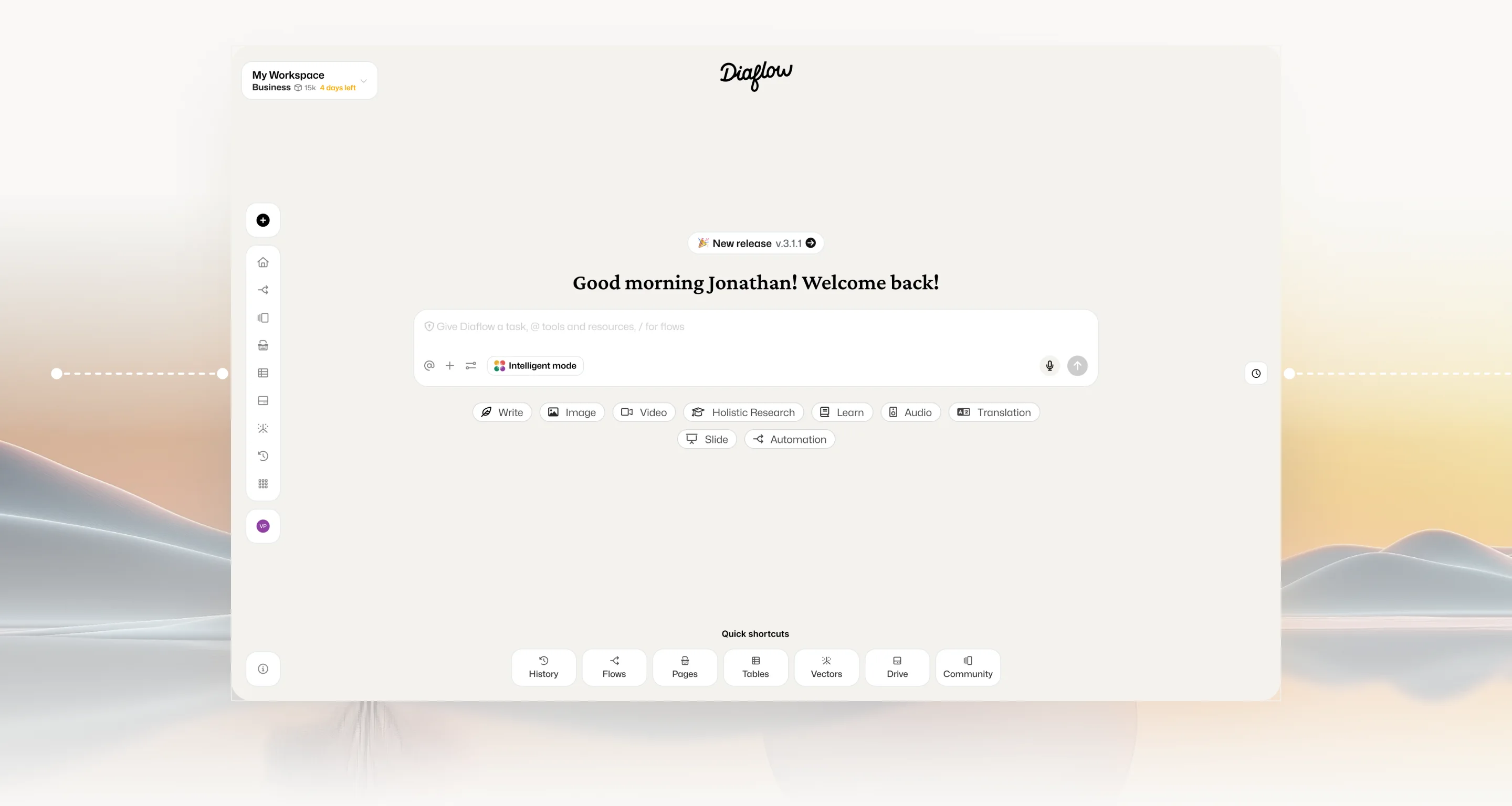 The Diaflow workspace: a greeting, the task composer and quick shortcuts to History, Flows, Pages, Tables, Vectors, Drive and Community